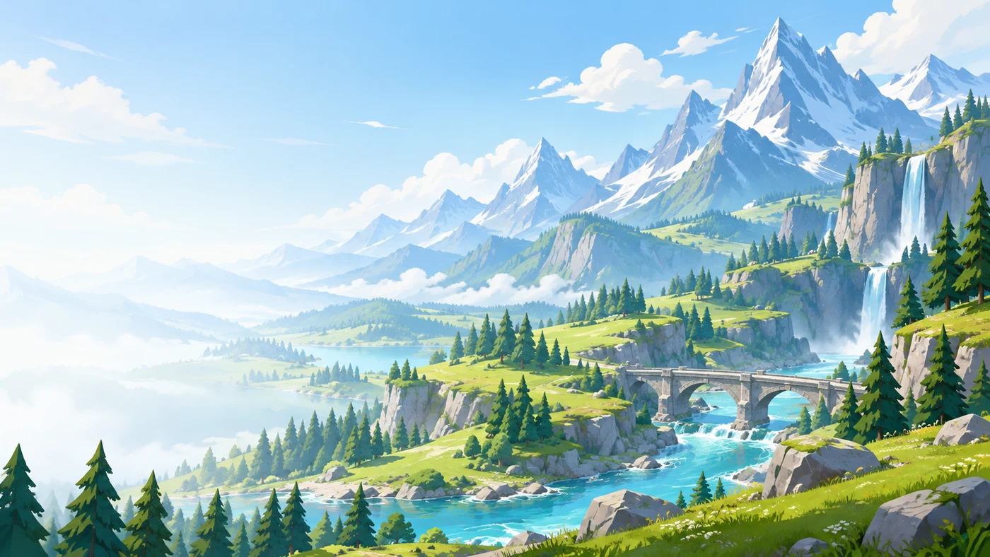 Illustrated alpine game world with mountains, pine trees and a river